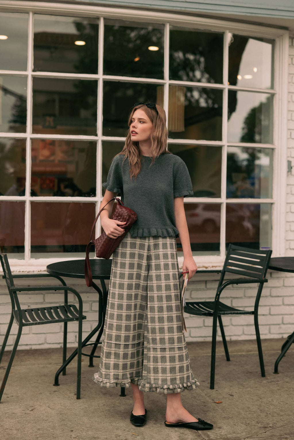 Ruffle Detail Plaid Pants