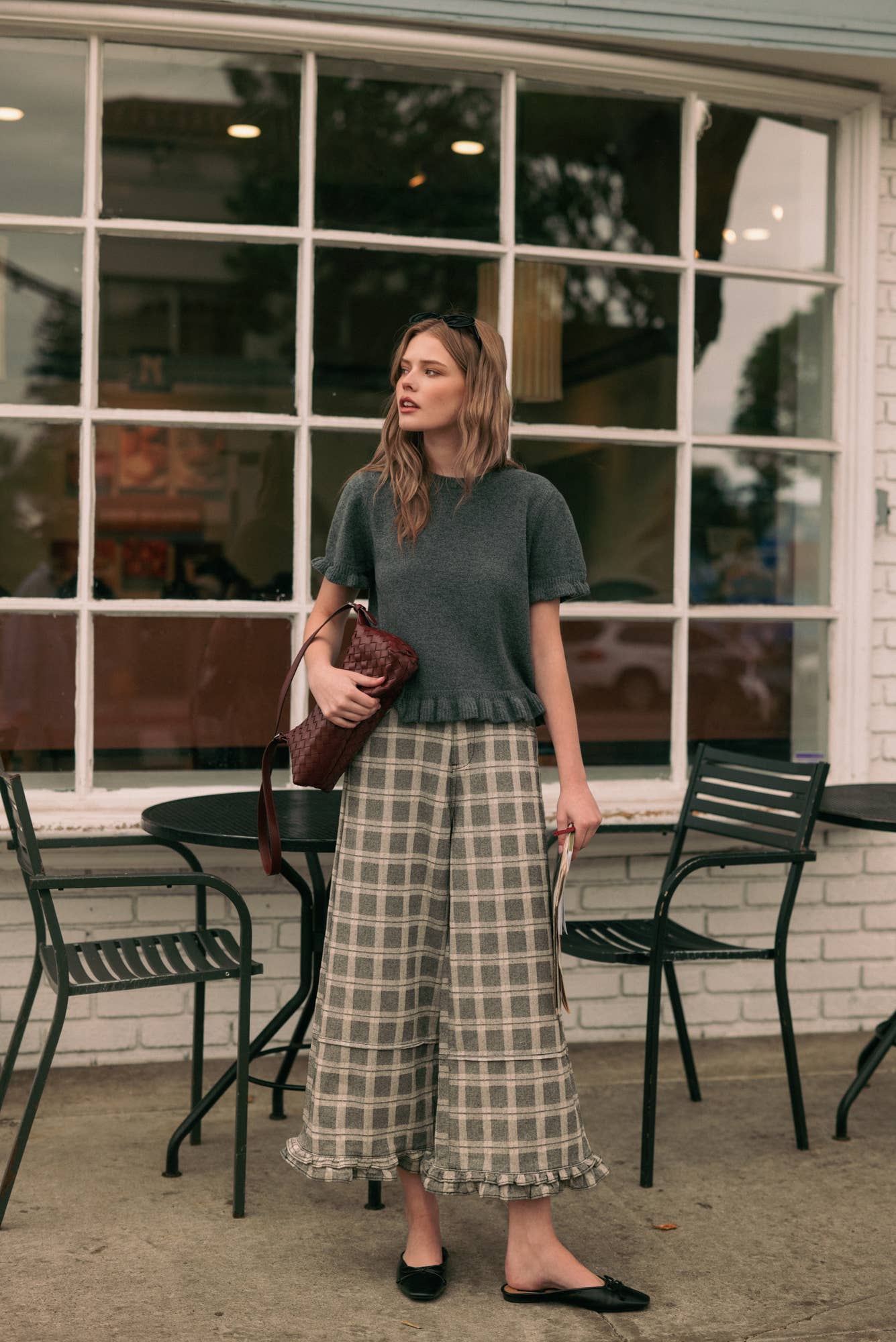 Ruffle Detail Plaid Pants