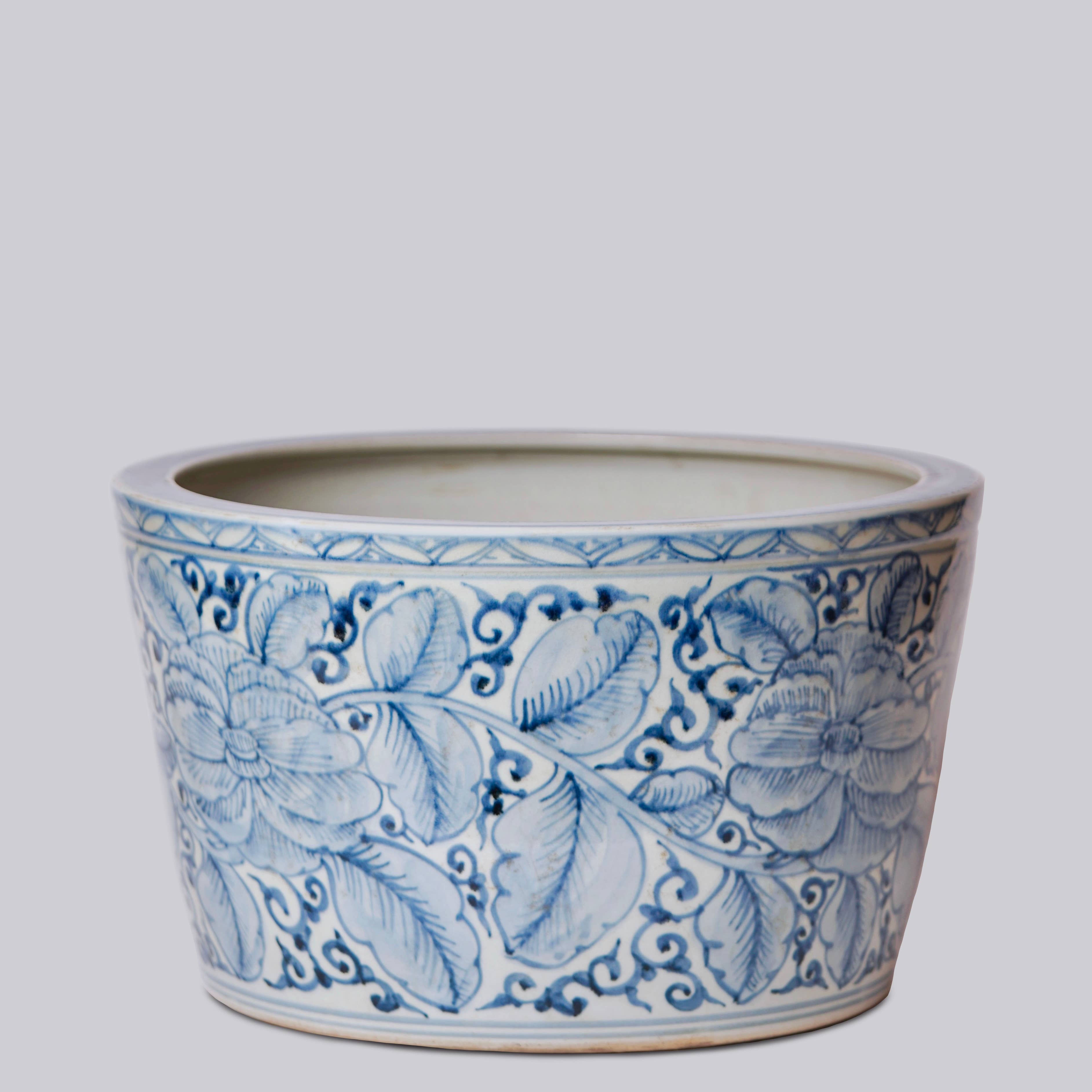 Large Rustic Rose Blue and White Porcelain Planter