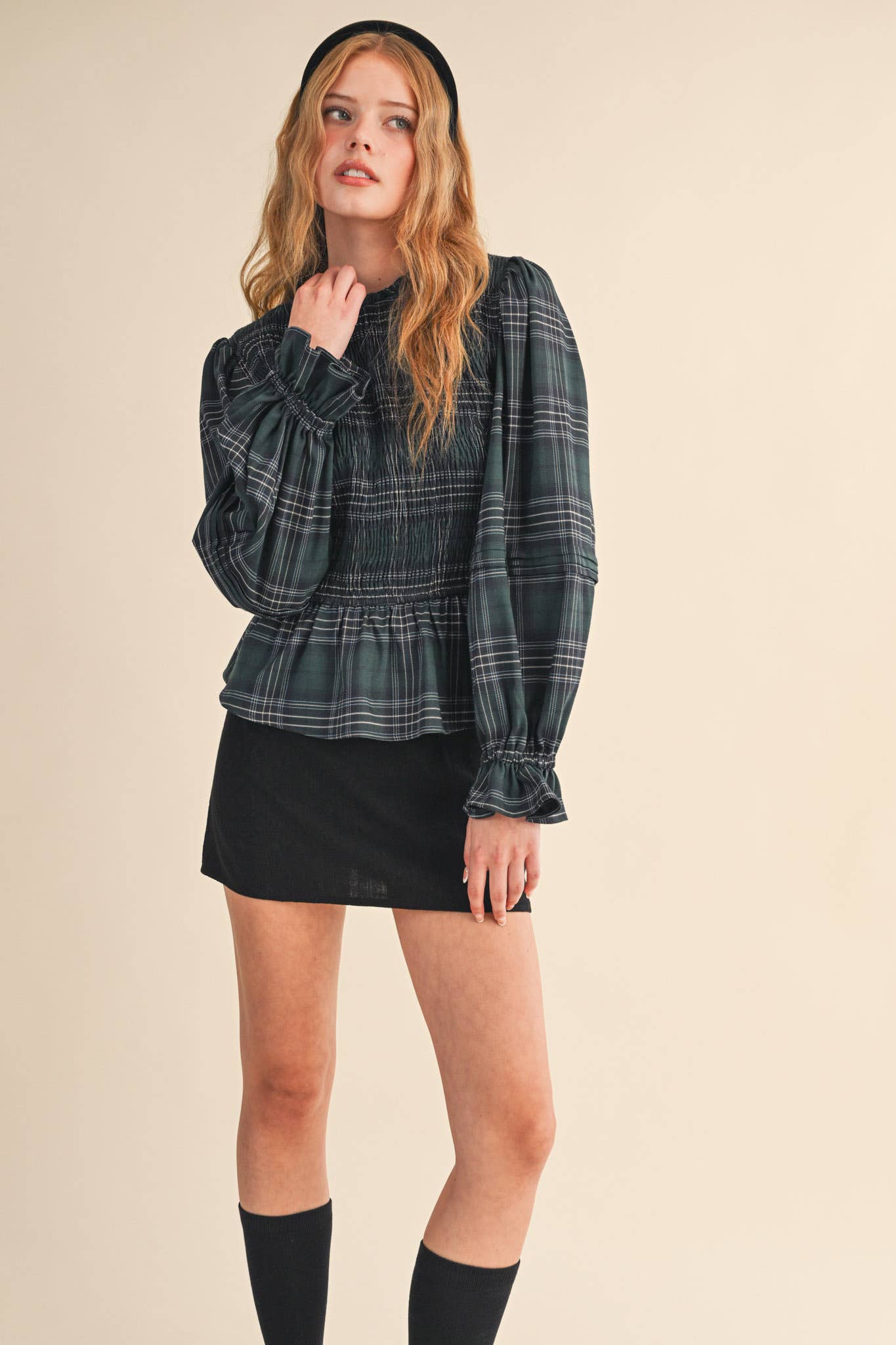 Smocked Plaid Puff Sleeve Peplum Top