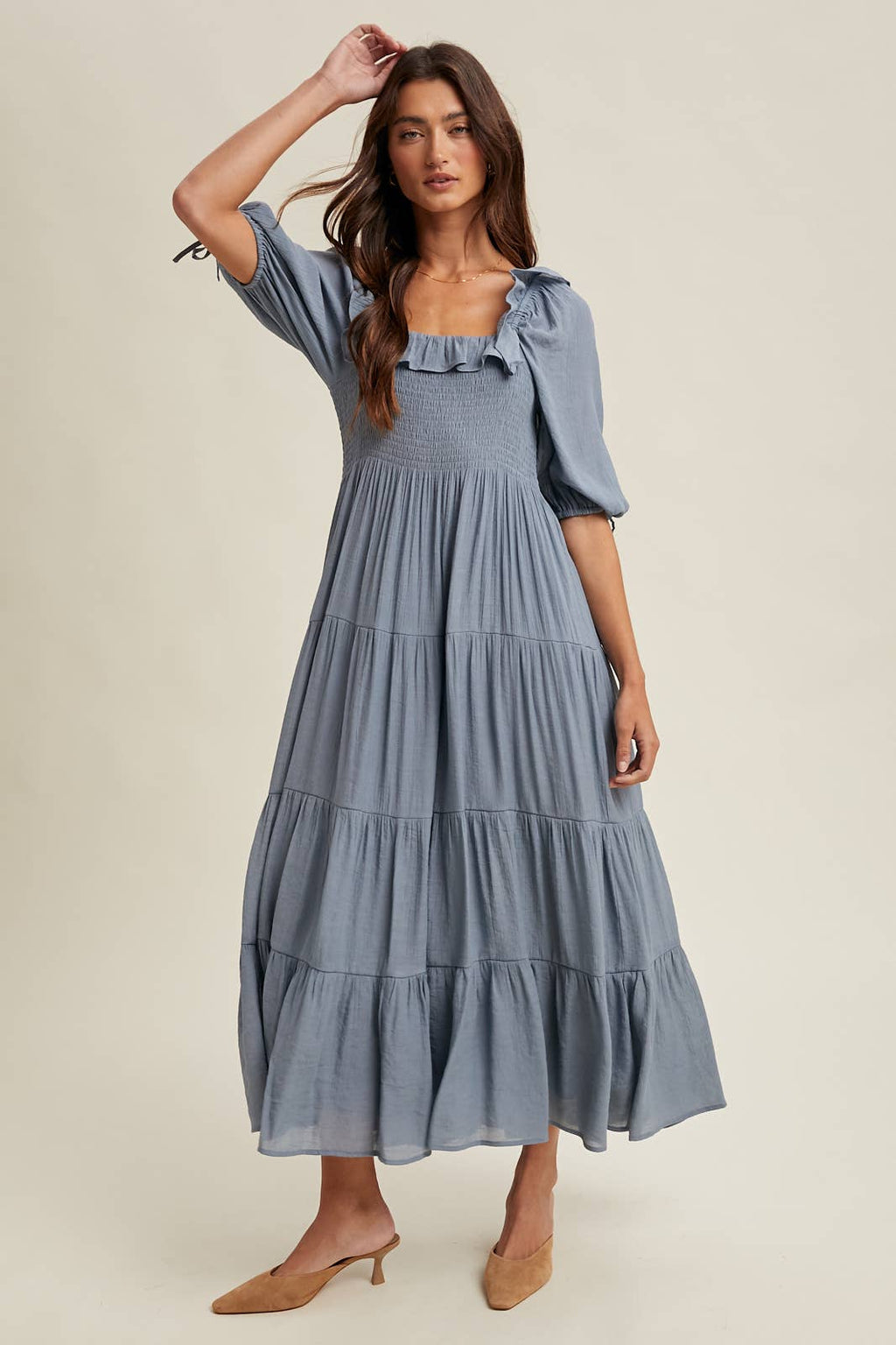 Ruffle Detail Tiered Midi Dress