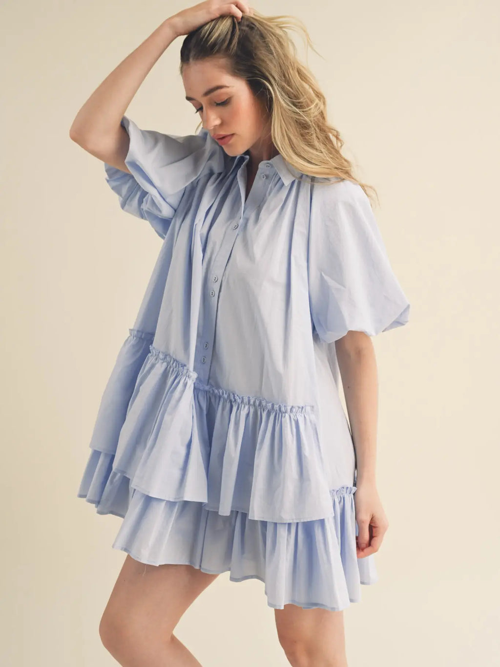 Bubble Sleeve Button Down Babydoll Dress