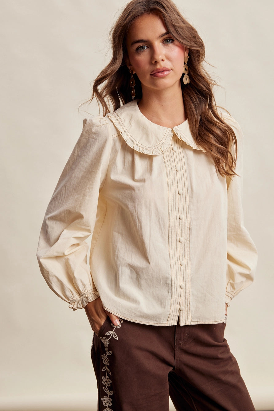 Contrast Stitch Ruffle Collar Blouse
