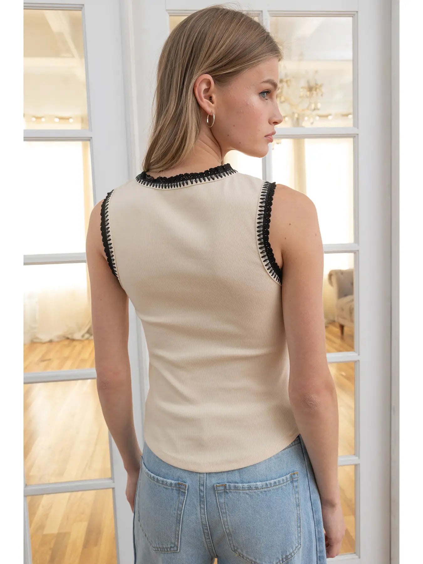 Contrast Crochet-Trim Rib Tank Top in Cream
