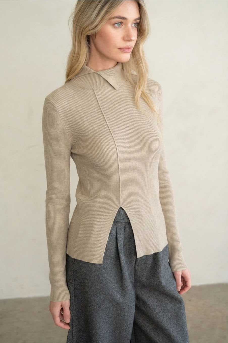 Turtleneck Rib Knit Top with Front Split