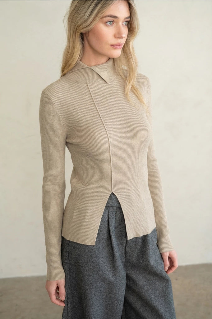 Turtleneck Rib Knit Top with Front Split