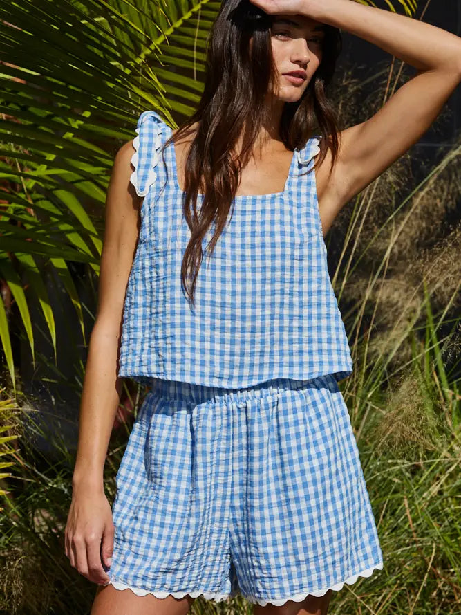 Gingham Wide Leg Shorts in Light Blue