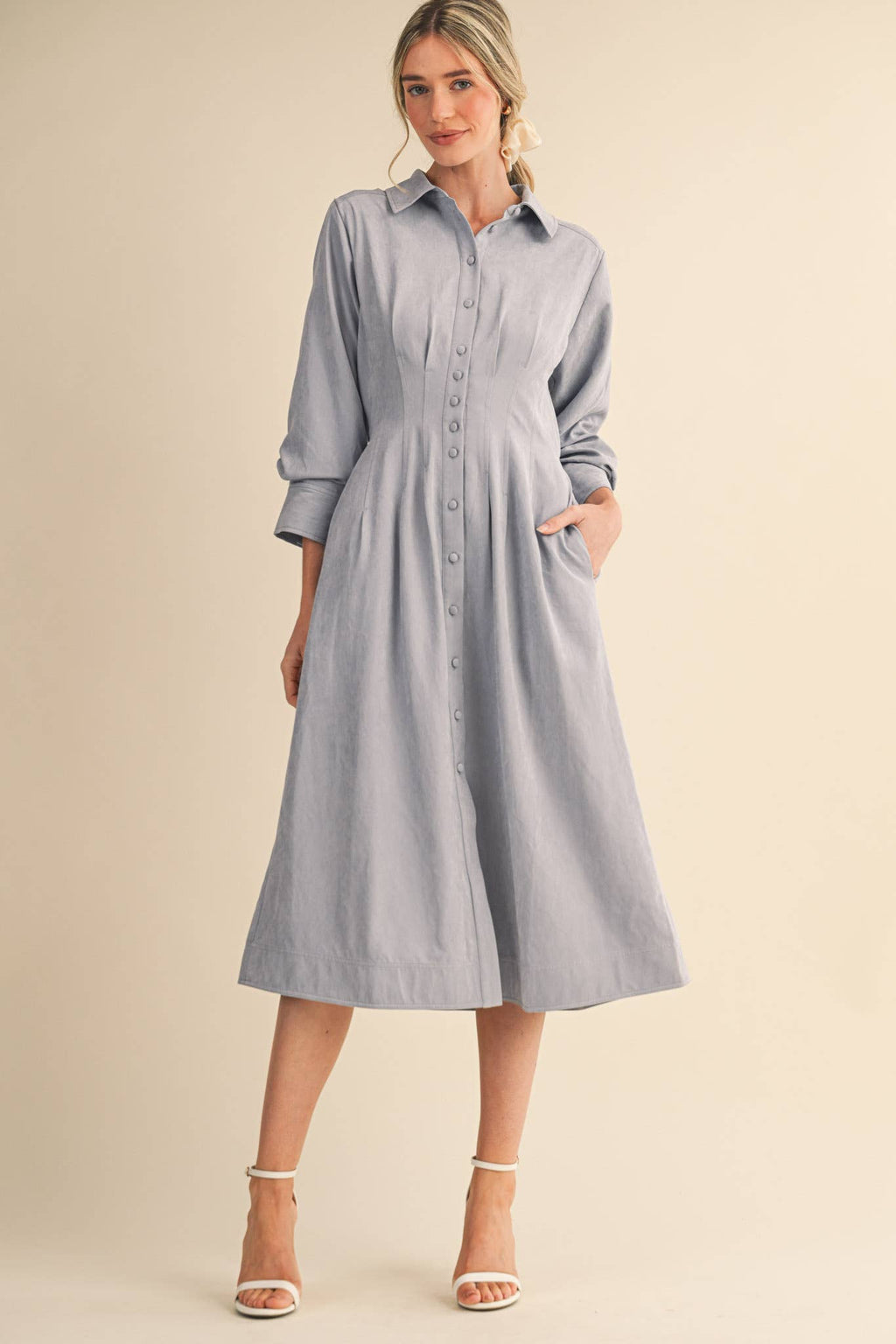 Pleated Waist Button Down Midi Dress