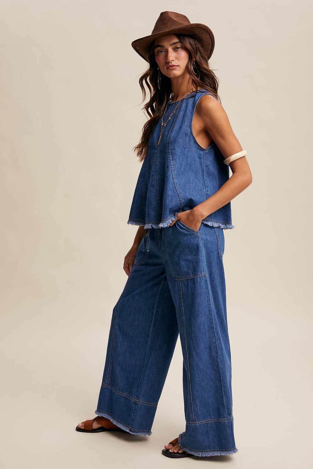 Washed Denim Tank & Wide-Leg Pants Set