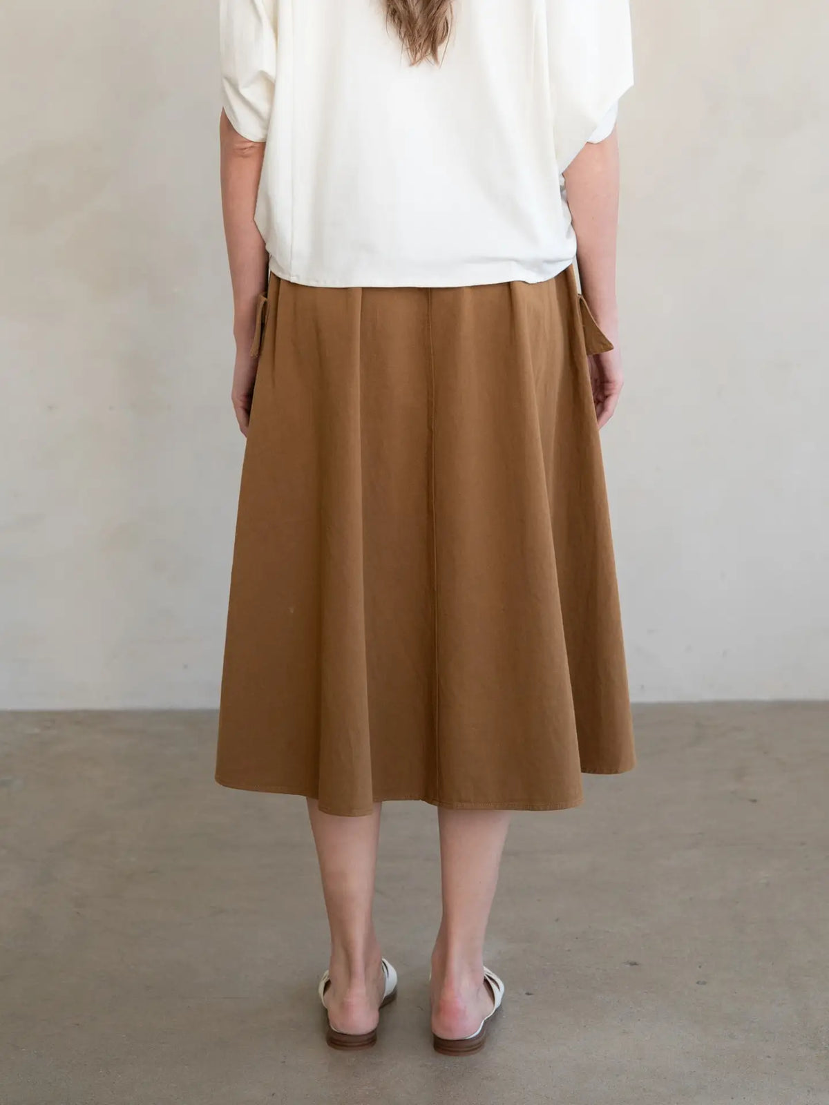 Gathered Drawstring Utility Midi Skirt in Carmel Brown
