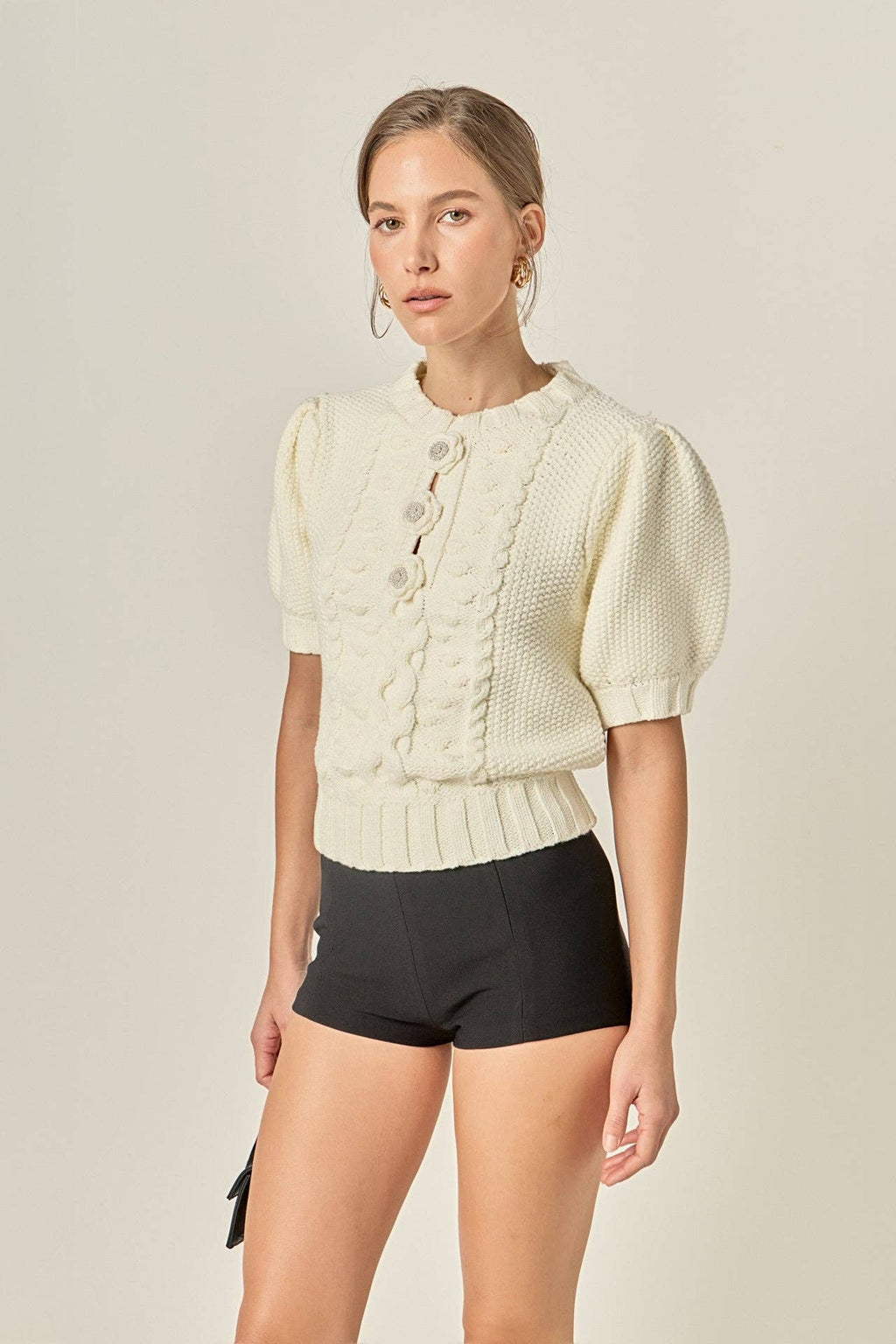 Flower Detail Puff Sleeve Knit Top