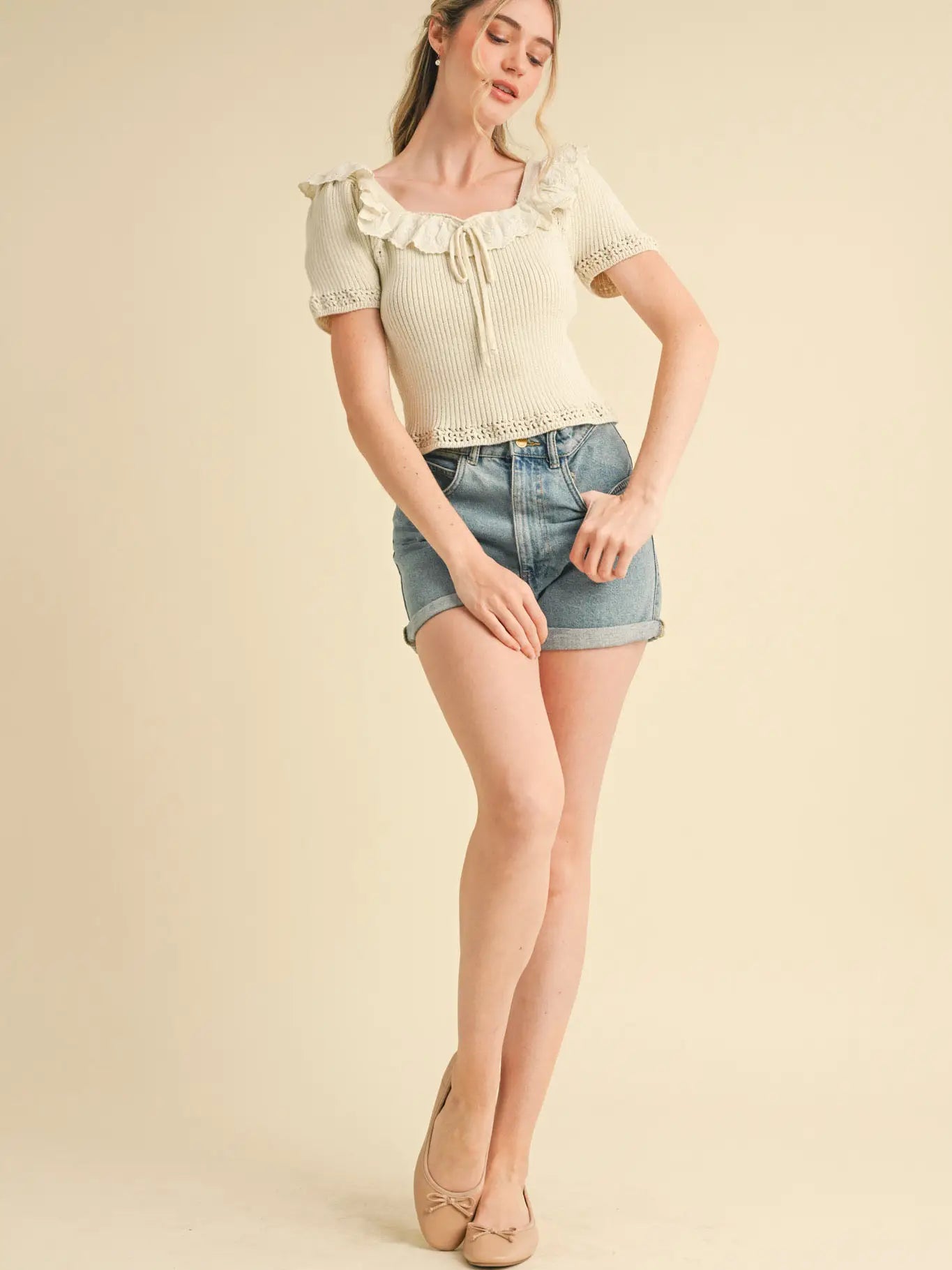 Ecru Ruffle Trim Short Sleeve Sweater