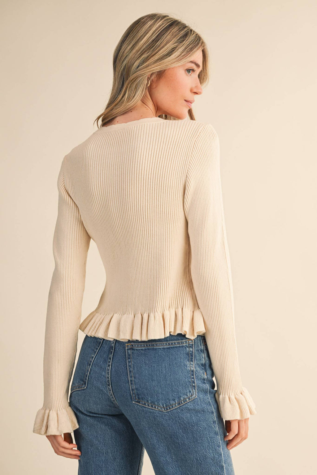 Ruffle Hem Ribbed Knit Cardigan