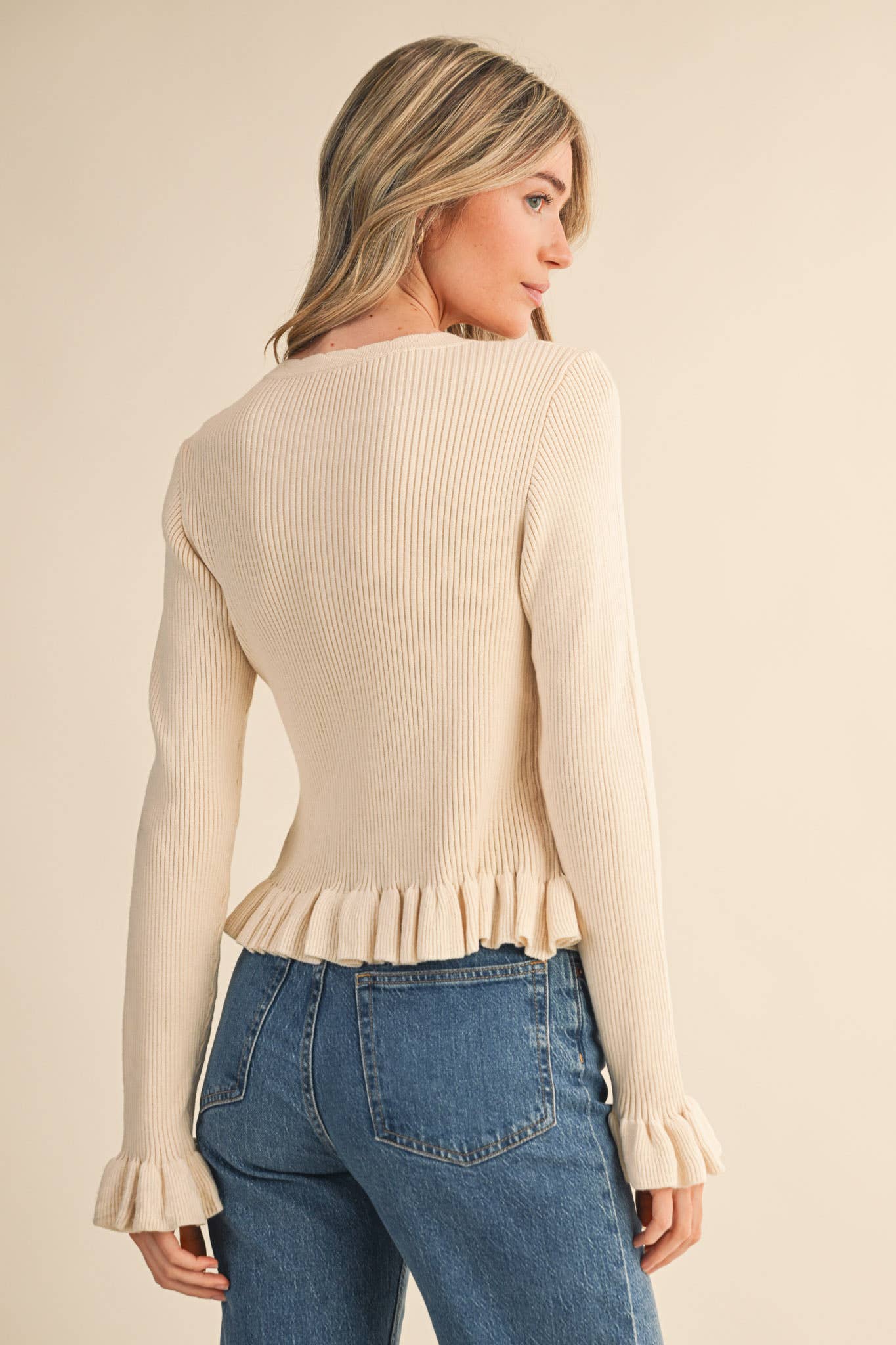 Ruffle Hem Ribbed Knit Cardigan