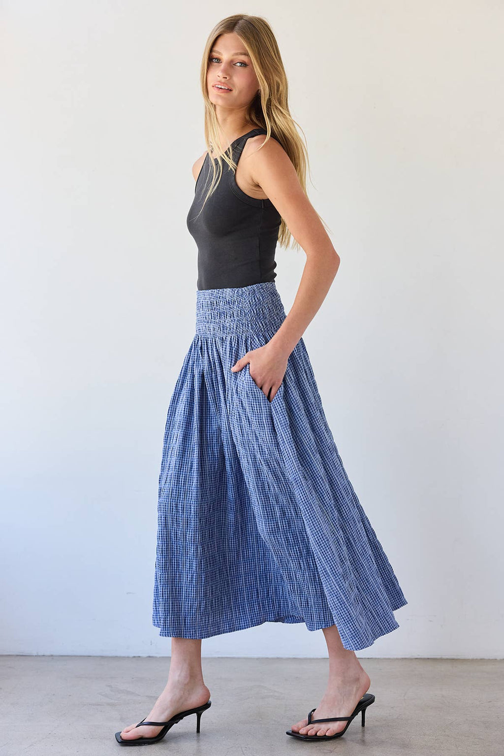 Smocked Waist Check Midi Skirt