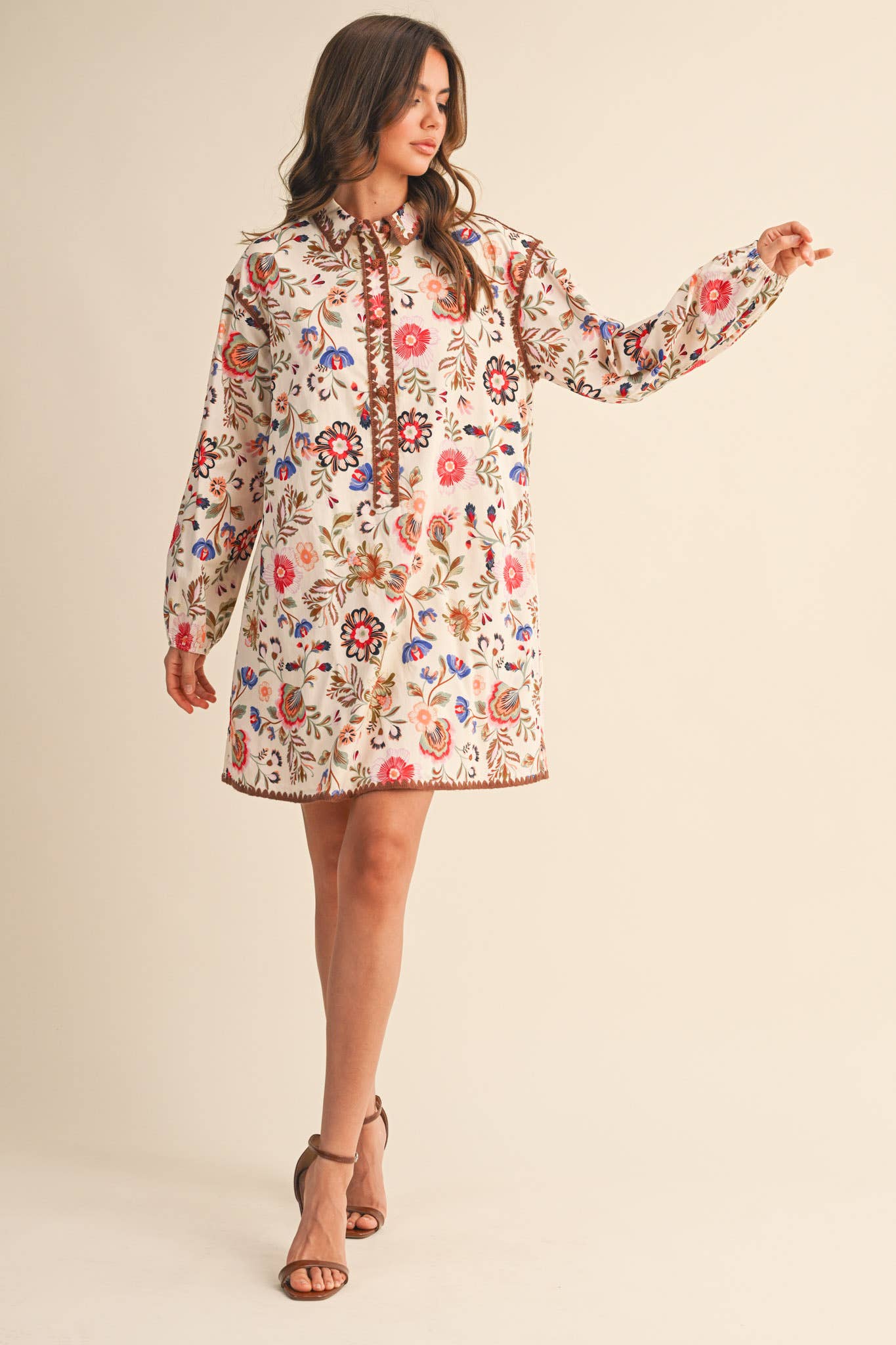 Blanket Stitch Buttoned Floral Mini Dress