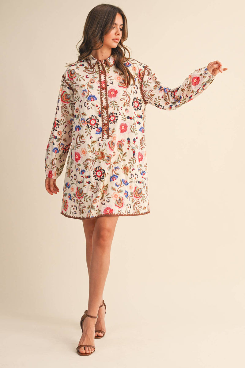 Blanket Stitch Buttoned Floral Mini Dress