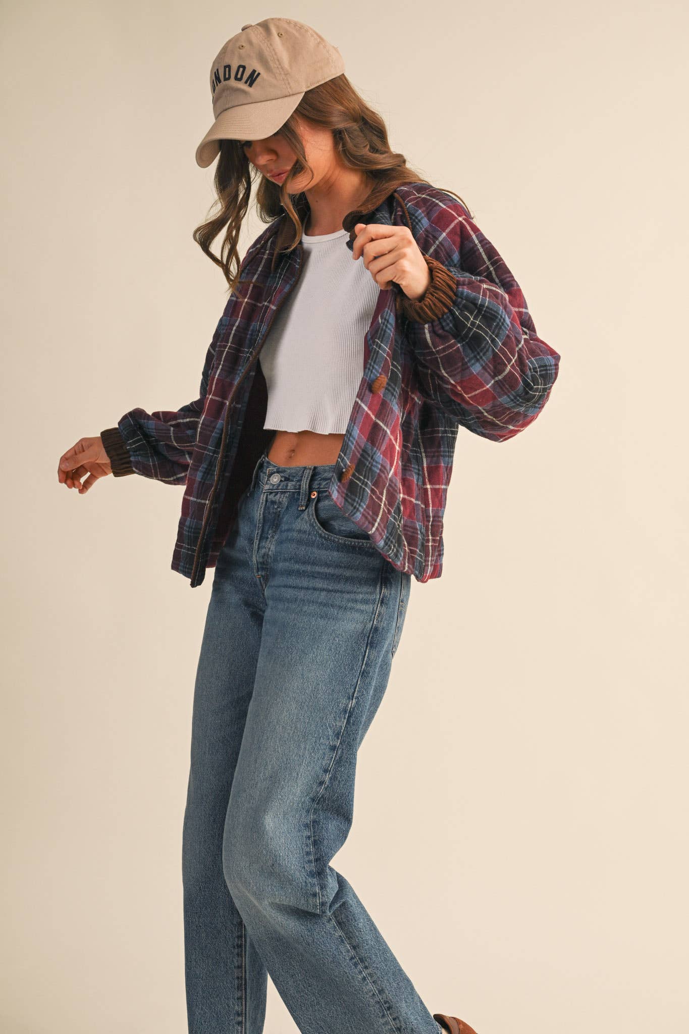 Plaid Quilted Jacket with Contrast Corduroy Detail