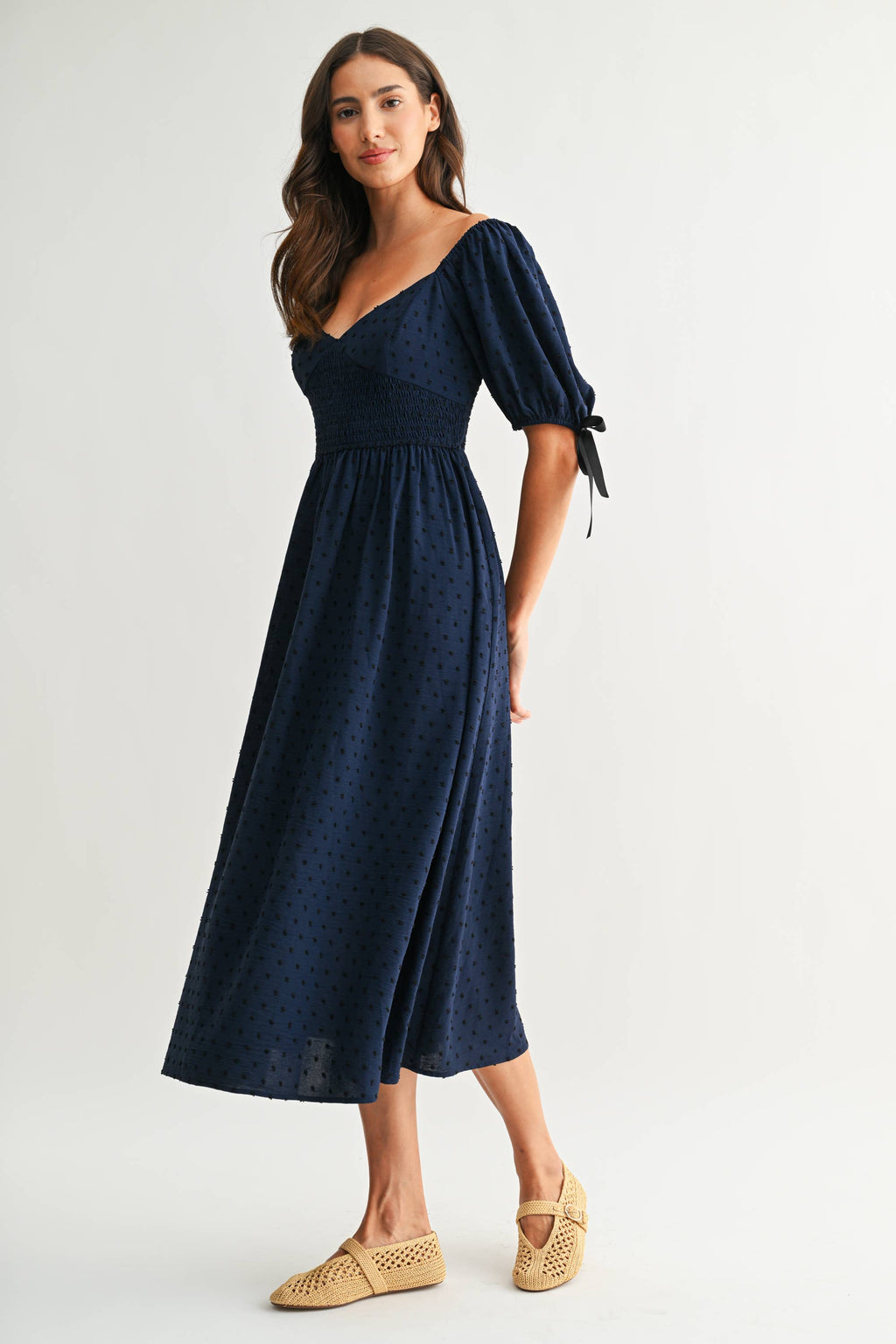 Smocked Bodice Textured Midi Dress