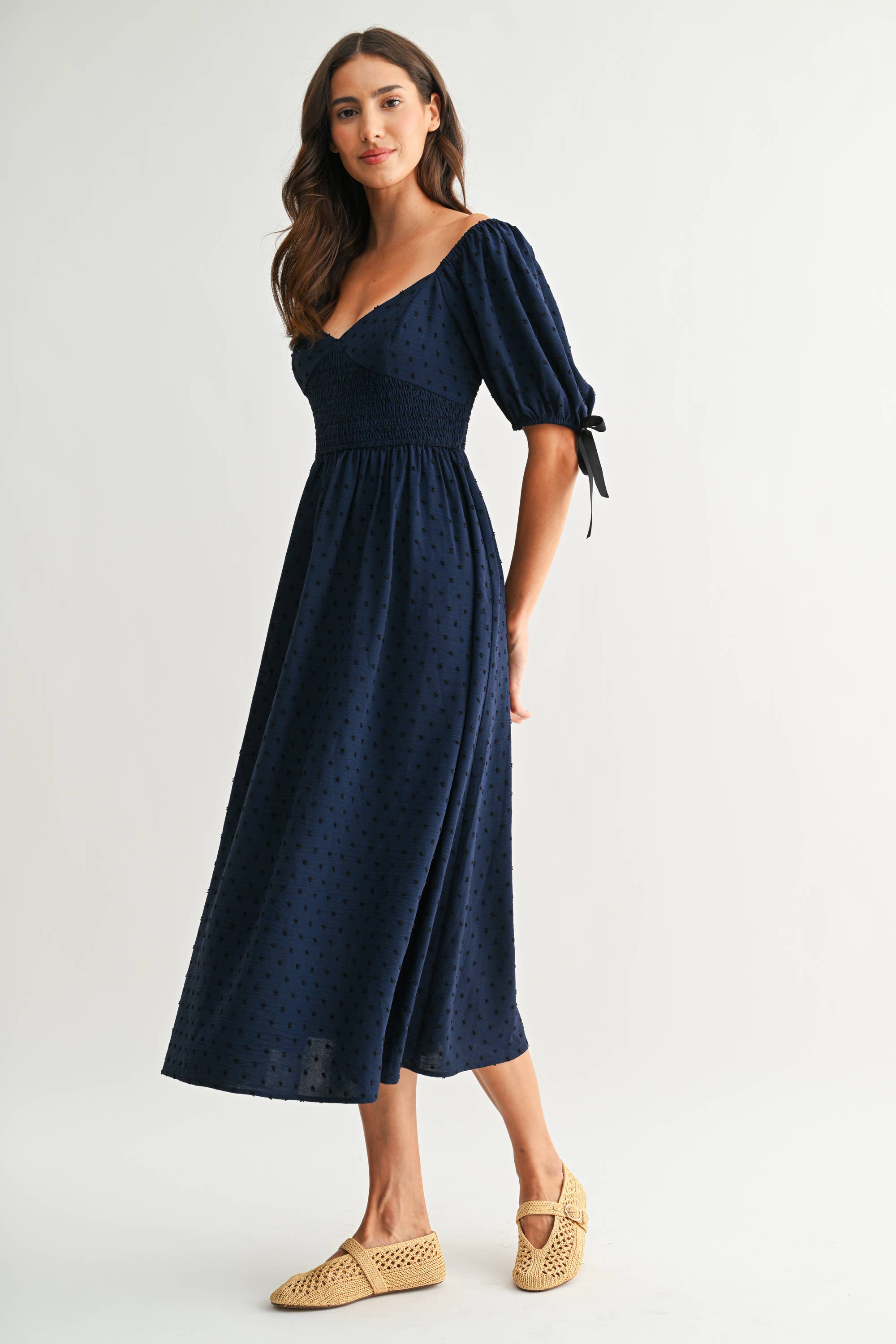 Smocked Bodice Textured Midi Dress