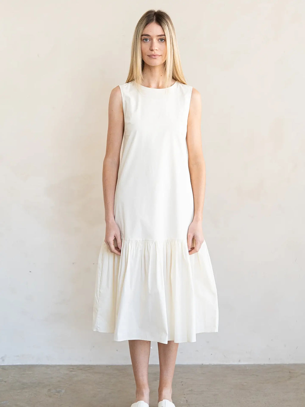 Ivory Open Back Ruffled Poplin Midi Dress