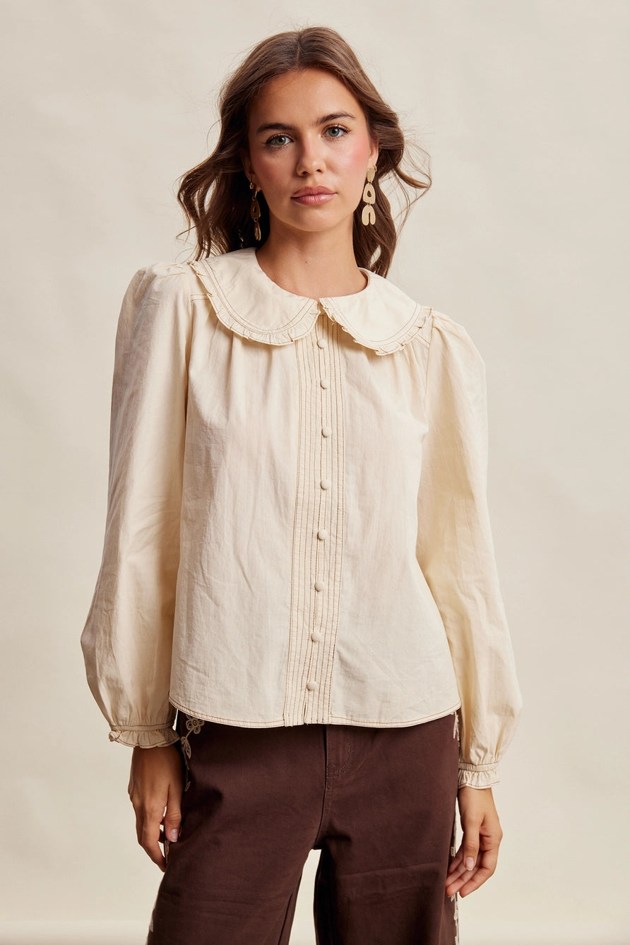 Contrast Stitch Ruffle Collar Blouse