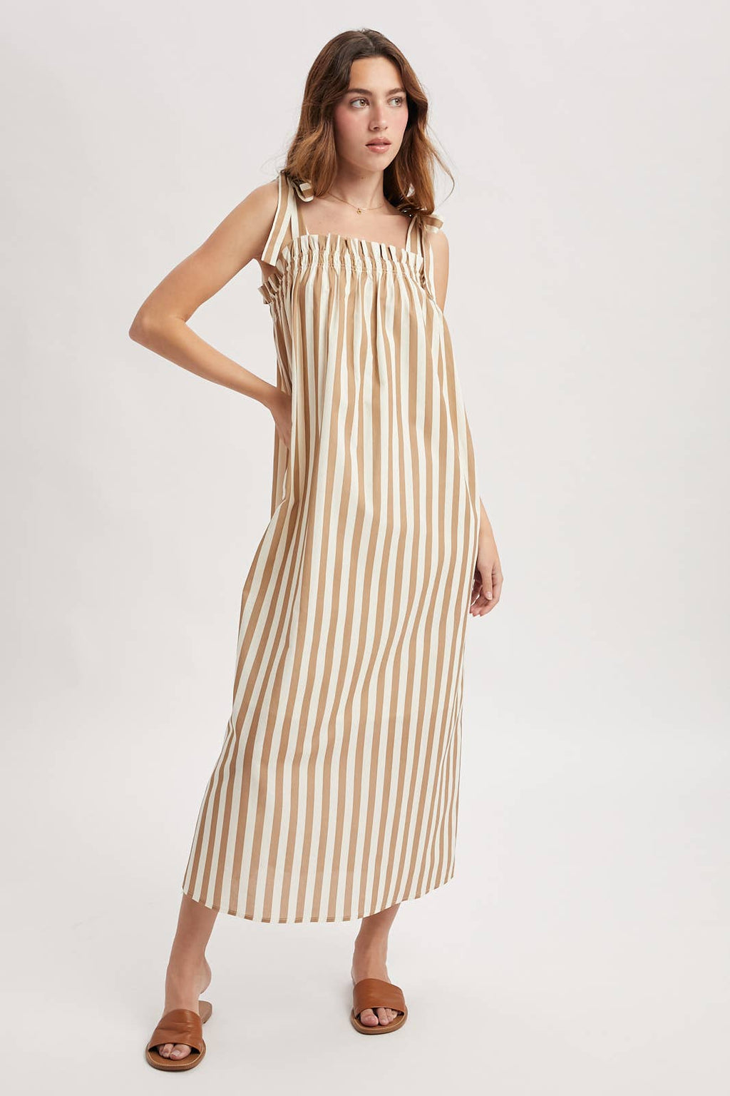 Striped Shoulder Tie Midi Dress