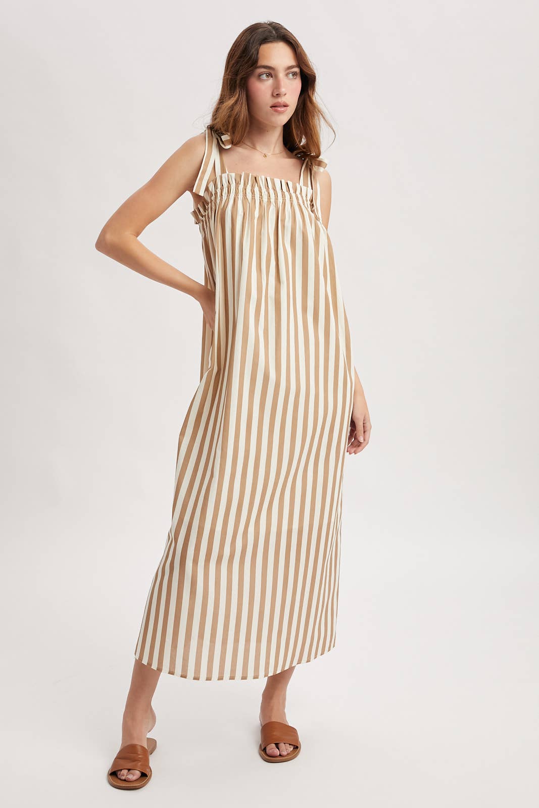 Striped Shoulder Tie Midi Dress