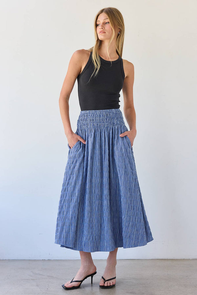 Smocked Waist Check Midi Skirt