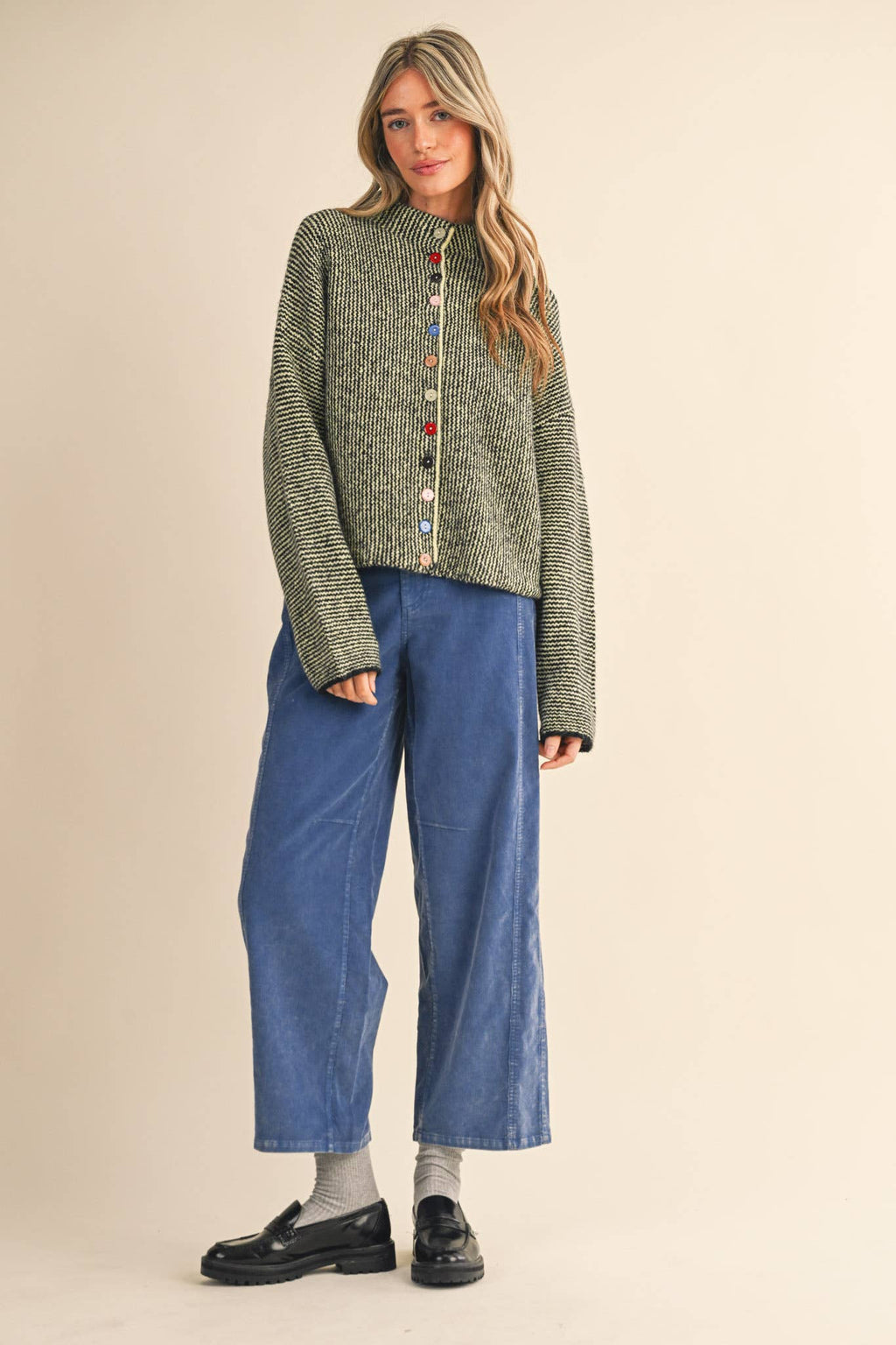 Striped Sweater Cardigan with Colorful Buttons