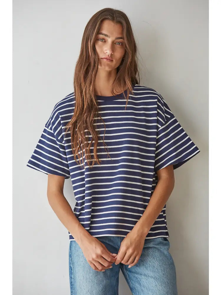 Striped Crew Neck Top in Navy White