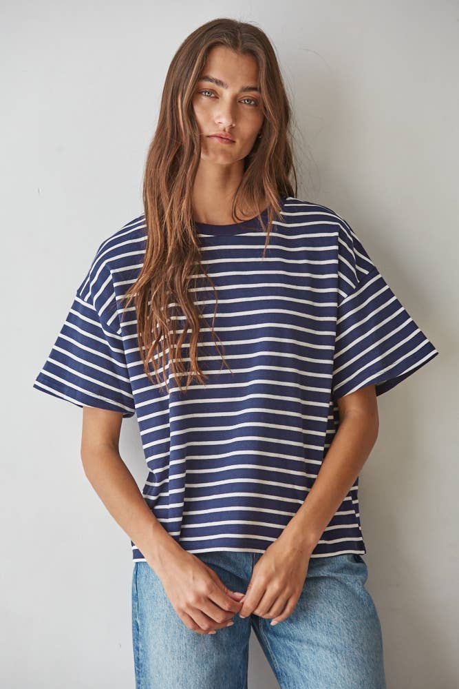 Striped Crew Neck Top in Natural Navy