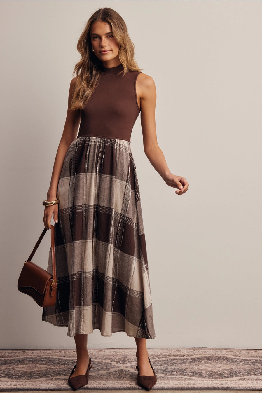 Mixed Media Plaid Midi Dress