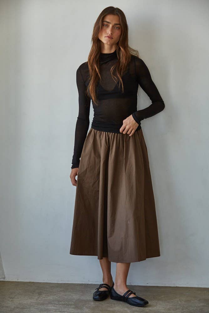 Woven Waist Flare Midi Skirt