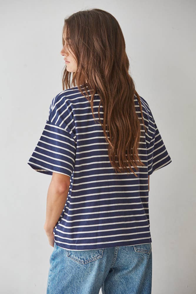 Striped Crew Neck Top in Natural Navy