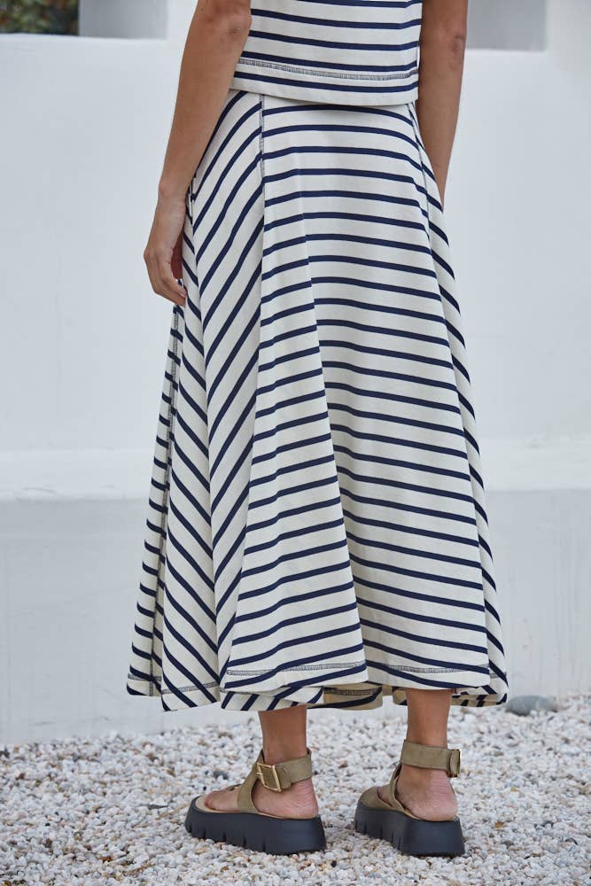 Knit Cotton Striped Midi Skirt