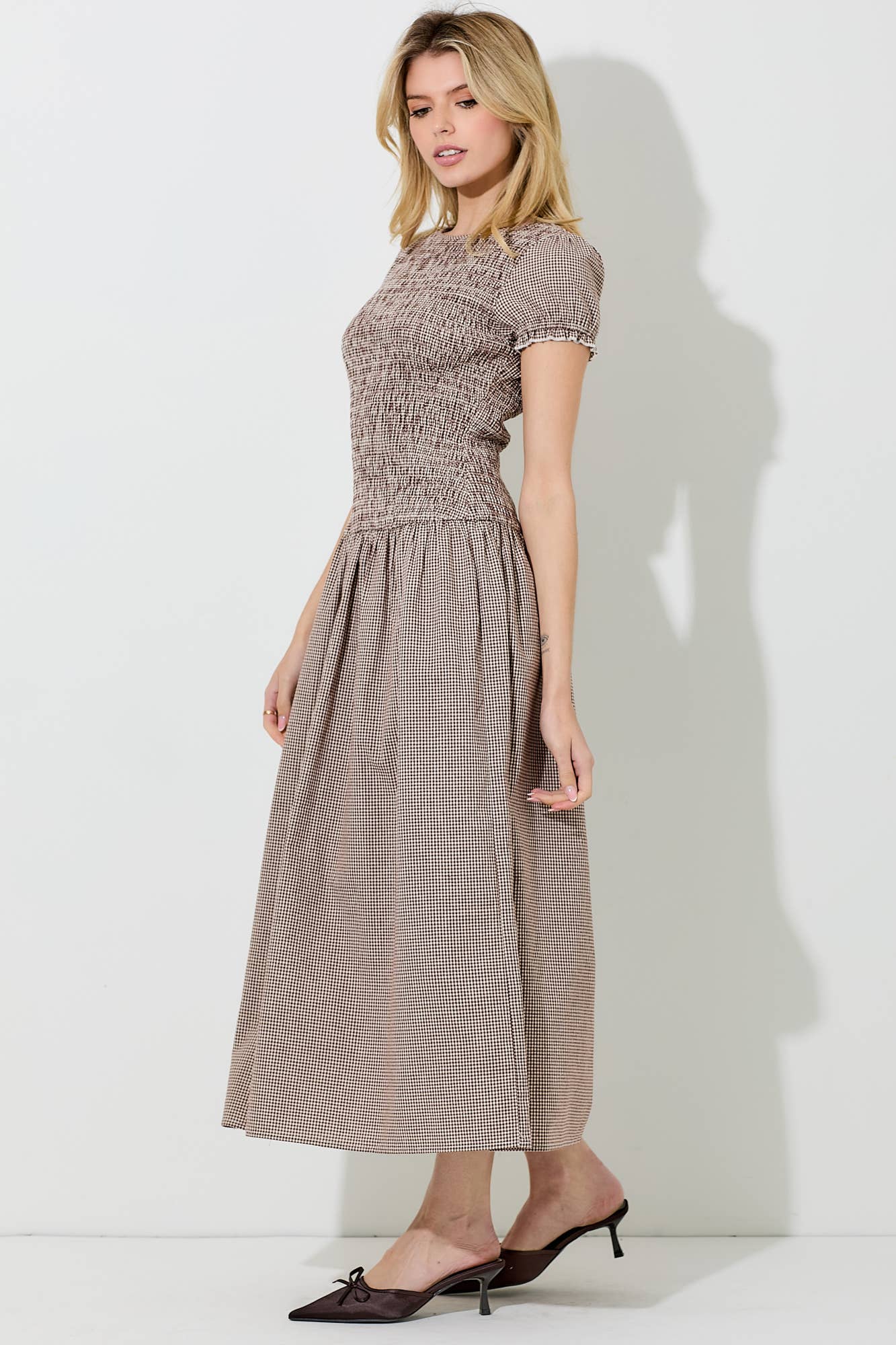 Gingham Smocked Short Sleeve Midi Dress