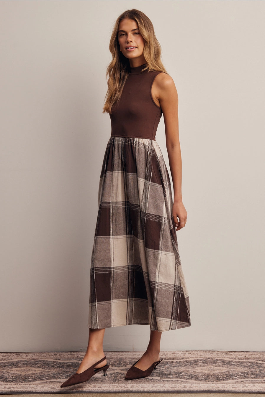 Mixed Media Plaid Midi Dress