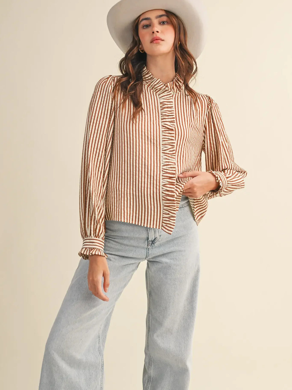 Striped Ruffled Button Down Top in Pecan Stripe