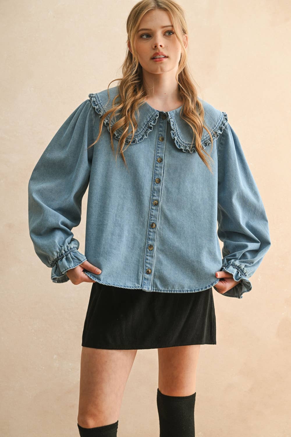 Ruffled Trim Collar Denim Shirt