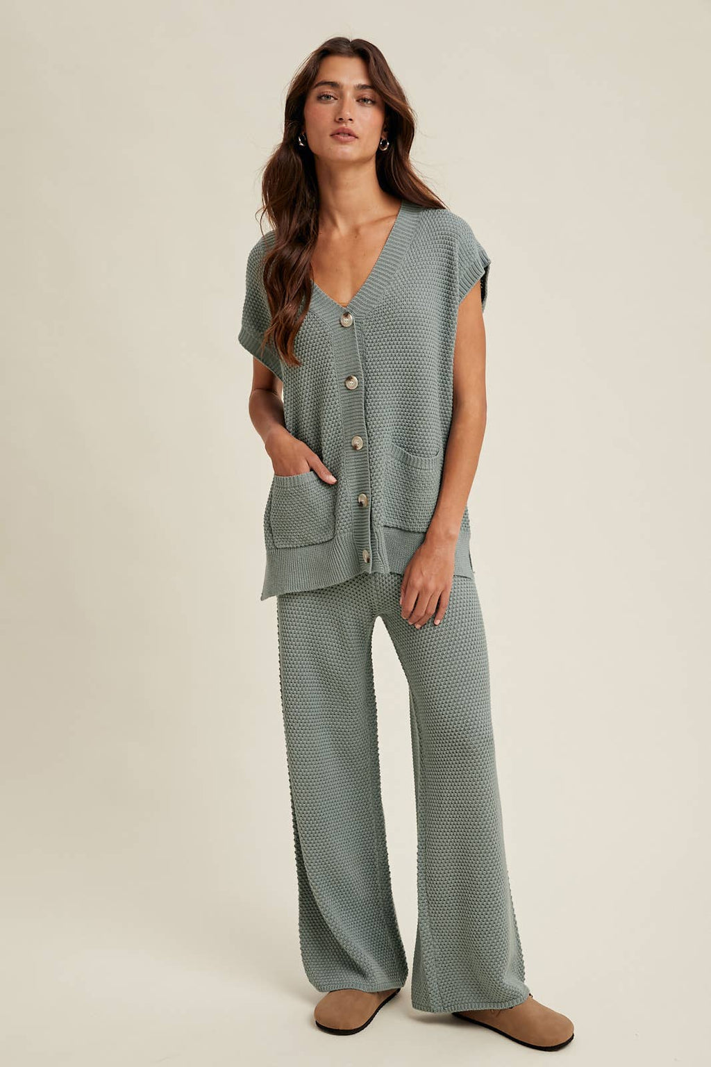 Waffle Knit Button-Up Vest and Pants Set