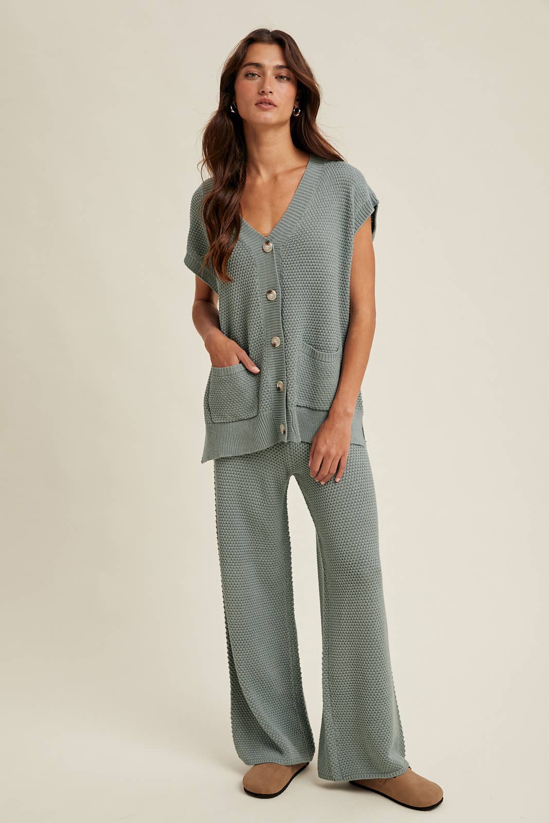 Waffle Knit Button-Up Vest and Pants Set