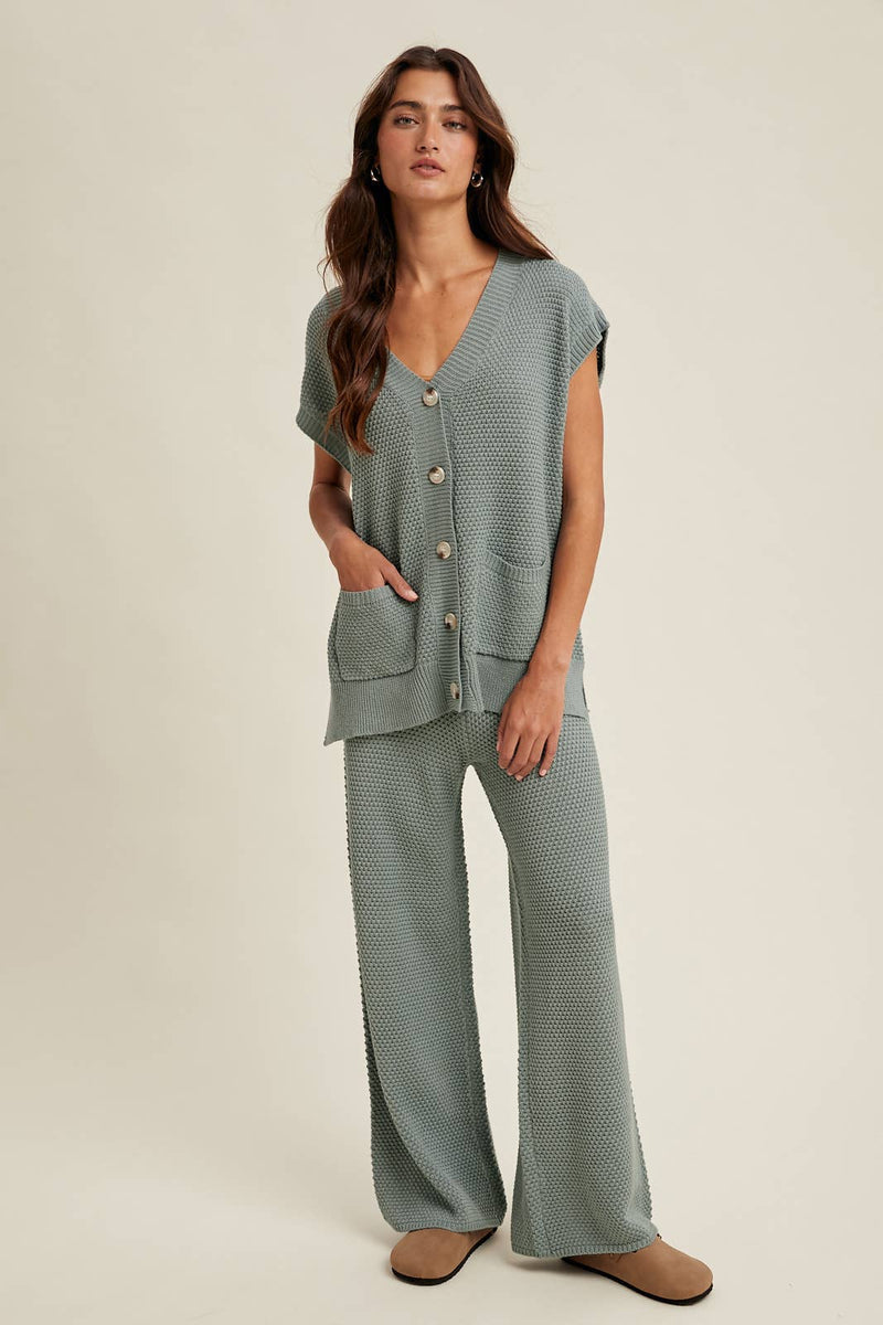 Waffle Knit Button-Up Vest and Pants Set