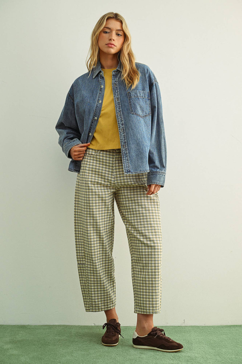 Mini Checker Pattern Barrel Pants in Olive Mist