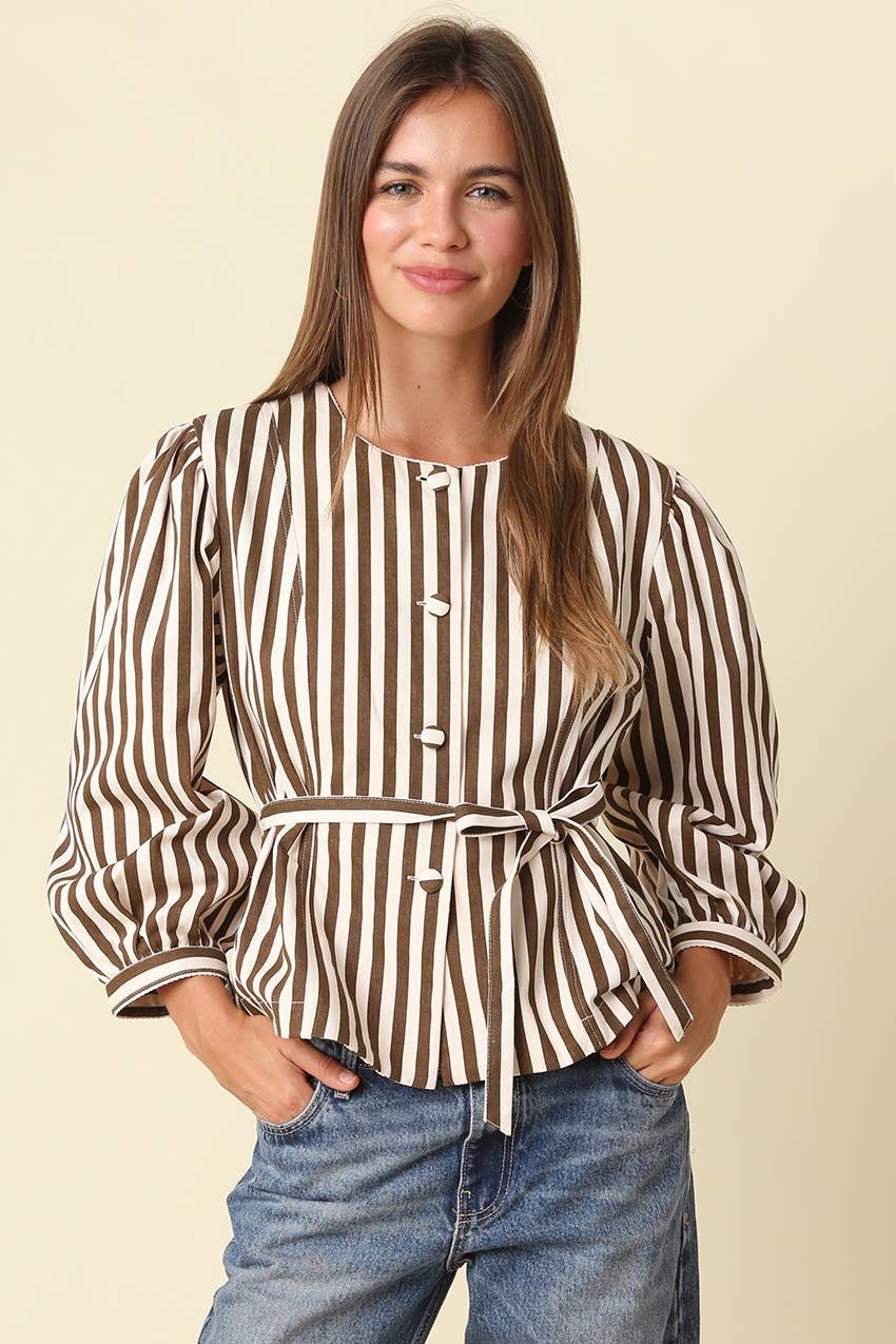 Benica Striped Belted Peplum Blouse