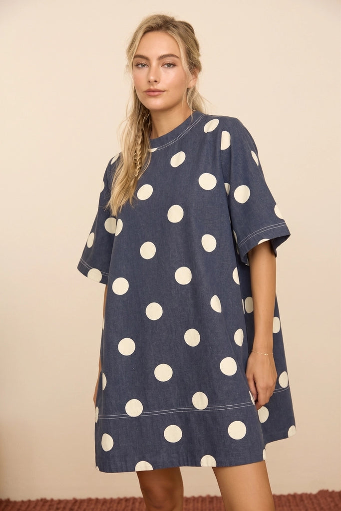 Polka Dot T-Shirt Mini Dress in Navy