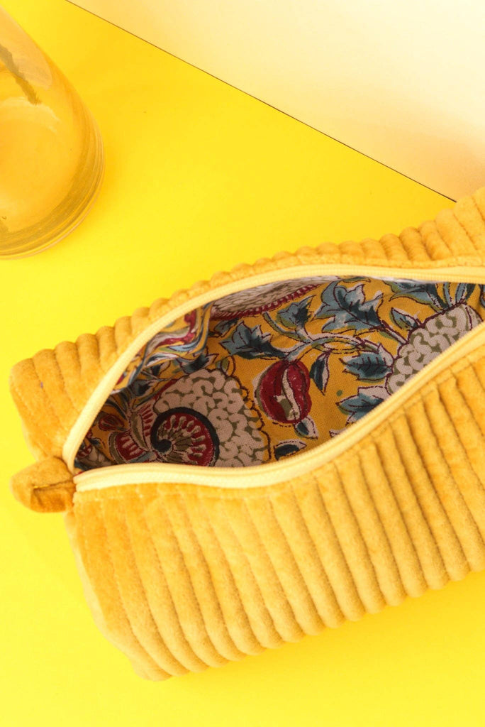 Goldenrod Velvet & Block Print Lined Cosmetic Pouch