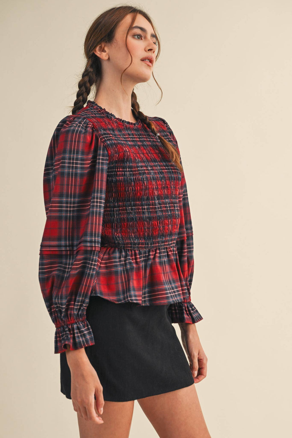 Smocked Plaid Puff Sleeve Peplum Top