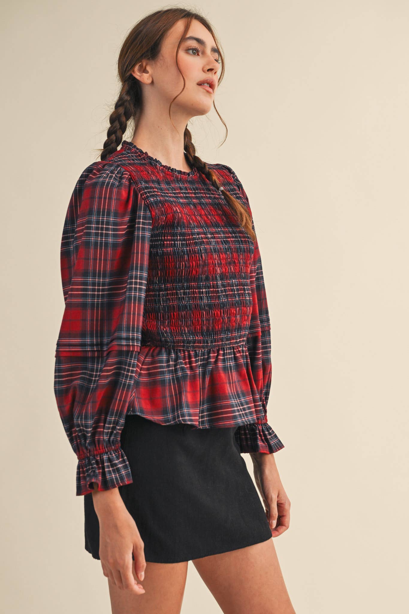 Smocked Plaid Puff Sleeve Peplum Top