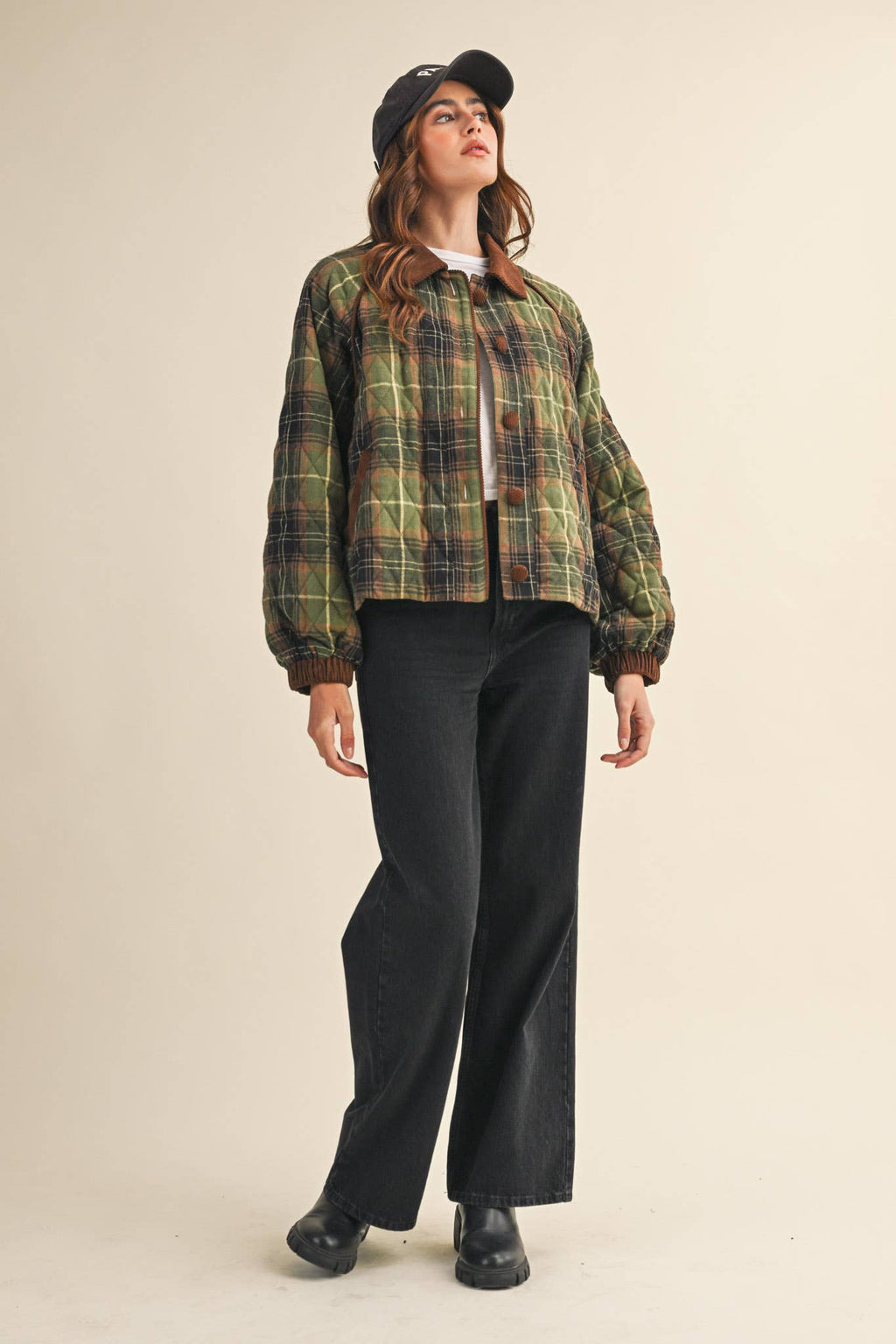 Plaid Quilted Jacket with Contrast Corduroy Detail